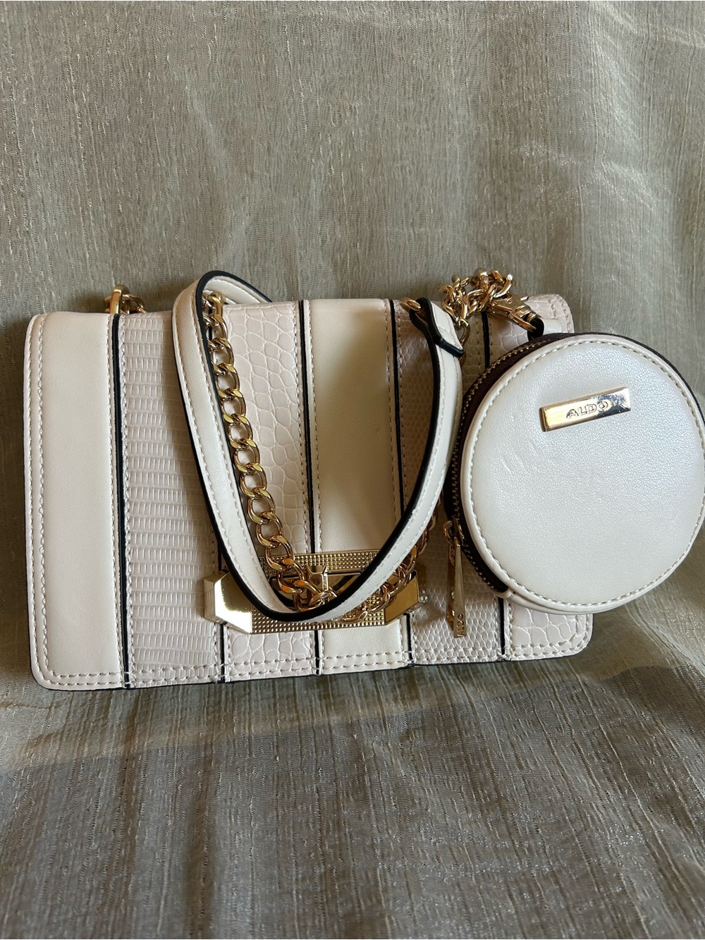 White Aldo Crossbody Bag with Gold Chain and Coin Pouch